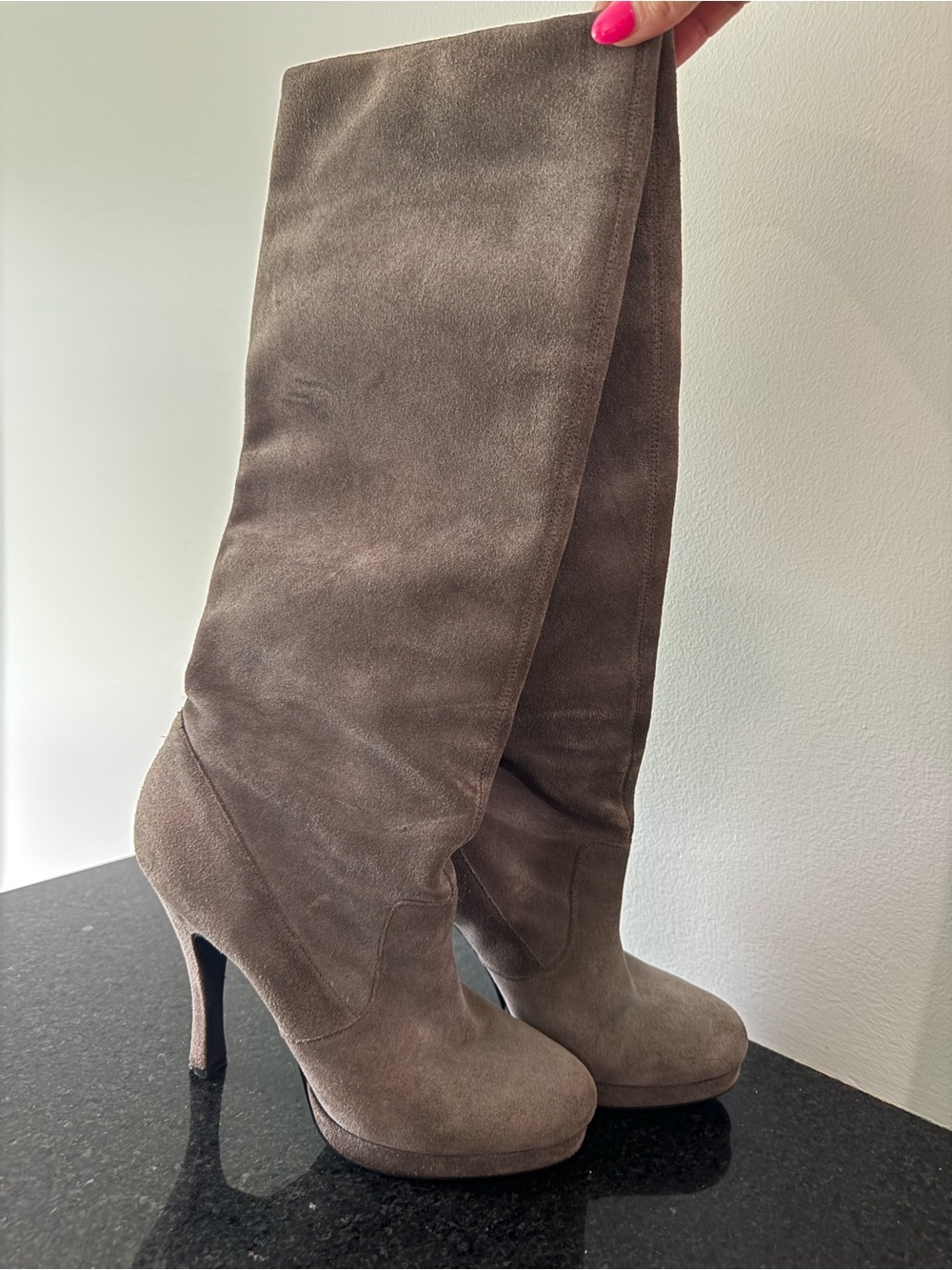 BCBG Tall Suede Platform Heel Boots in grey